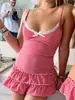 Vestido Sexy de Estilo Francés con Ribete de Encaje, Tirantes Finos, Cintura con Lazo y Volantes, Vestido Corto sin Mangas para Mujer