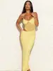 Amazon Europeo y Americano 2025 Nueva Moda Sexy Color Puro Empalme Malla Transparente Cuello en V Tirantes Falda Larga Vestido