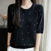 Estilo Nuevo Primavera y Verano 2025 Suéter de Hielo con Cuello Redondo de Temperamento Camiseta de Manga Corta para Mujer Color Sólido Jersey con Incrustaciones de Diamantes Camiseta Básica