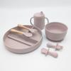 Plato de cena plato de comida complementaria plato rayado con ventosa para bebé plato cuchara Tenedor juego de vasos de agua cuchara con mango de madera Tenedor compartimento infantil