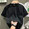 Camiseta Tee Manga Curta Céu Estrelado Cozido Leve com Strass Estrelado Solta Levemente Fashionável Masculina Top Camiseta 2024