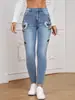 Jeans europeos y americanos personalizados para mujer, marca de moda urbana de tendencia, patrón floral bordado, color liso, corte ajustado, pantalones elásticos para mujer