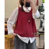 Chaleco de punto artístico de algodón vintage para mujer, holgado y versátil, moderno chaleco de cuello en U con abertura en la espalda, estilo otoño