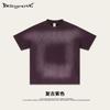 Verão 2025 Nova Marca de Moda Estilo Americano Ins High Street Lavada Gola Redonda Manga Curta Camiseta Solta Manga Curta Vermelha para Homens