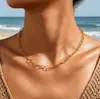 Colar Oval Espesso Padrão Martelo de Aço Titânio Feminino Retrô Embossado Corrente de Círculo Grande Banhado a Ouro 18K Camadas Versátil para o Dia a Dia Clavícula