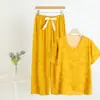Algodão Seda Feminino Verão Fino Cor Quebrada Solto Gola V Manga Curta Blusa Algodão Artificial Tamanho Grande Conjunto de Calça Solto