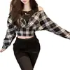 Nueva Camisa de Cuadros Falsa de Dos Piezas para Mujer Otoño 2025 con Mangas Largas, Estilo Occidental, Cubre Vientre, Muestra Hombros y Aspecto Adelgazante