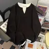 Camiseta de manga longa em malha waffle para primavera e outono para homens, marca trendy cleanfit, top casual solto retrô simples