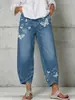 Calça Jeans Falso Estilo Americano Transfronteiriça Feminina de Verão Nova Solta Versátil Bainha Patchwork Redutora de Idade Perna Reta Estação Independente Europeia e Americana
