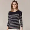 Camiseta Feminina Casual de Algodão Puro com Listras, Manga Longa, Gola Redonda, Roupas de Trabalho, Popular no Outono e Inverno, Personalizada, Transfronteiriça
