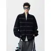 Cárdigan de Punto Rayado Retro Americano Unisex Marca de Moda Otoño Versátil Casual Holgado Cuello Alto Chaqueta Suéter de Moda