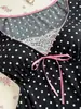 Gravata Laço Bolinhas Estilo Doce e Puro Camisola Jovem Top Casual Decote V Menina Retrô Y2K