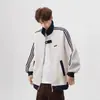 Chamarra tipo bomber de estilo universitario para hombre y mujer, con cuello alto y tres franjas estilo americano, corte holgado, sudadera deportiva casual para otoño