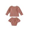 2025 Nuevo Estilo Bebé Niña Suéter de Color Sólido Simple Conjunto de Dos Piezas Top de Punto de Manga Larga para Niñas Falda de Encaje Conjunto de Pantalones