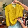 Top sin mangas de estilo nacional, Nueva blusa jacquard de cuello diagonal mejorada estilo chino Tang, Camisa de seda de morera con cuello alto para mujer, Verano