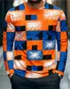 Camiseta de Manga Larga con Estampado Cuadros Geométricos para Hombre, Pulóver Casual de Cuello Redondo con Estampado Floral Radial Europeo y Americano, Camiseta Base para Primavera y Otoño