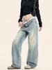Jeans Azules Retro Americanos Yongfang para Hombre y Mujer, Casuales, Simples, Desgastados, Holgados, Drapeados, de Pierna Ancha, que Adelgazan, Pantalones Rectos