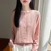 Malha Feminina Outono 2026 Transfronteiriça Jacquard de Lã Fina Cardigan de Gola Redonda com Botões Cobertos, Suéter Fino