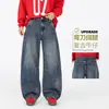 Jeans de sarja deconstruído estilo americano, de lavagem curva grande, para homens, design com vibe de marca moderna, calças largas retas soltas