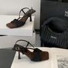 Sandalias de Tacón Alto Retro Negras Francesas de Una Correa para Mujer Verano Nuevo Calzado de Exterior Punta Cuadrada Lazo Punta Abierta Zapatos de Tacón Alto
