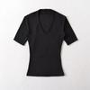 Estilo Europeu e Americano Verão Sexy Puro Desejo Decote V Profundo Manga Curta Camiseta Feminina Elástica Slim Cor Lisa Camisa Base Externa Top