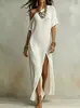 2026 Verano Europeo y Americano Transfronterizo Amazon Sitio Independiente Nuevo Elegante Manga Corta Algodón Lino Plisado Abertura Vestido de Mujer