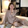 Pijama Coreano de Color Café con Estampado de Leopardo para Mujer, Tejido de Seda Helada, Conjunto Cómodo de Manga Larga para el Hogar, Otoño e Invierno