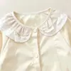 Jaqueta Feminina Primavera e Outono Jaqueta Floral com Gola Boneca Renda na Barra Bebê Menina Top Cropped Estiloso Roupa Infantil
