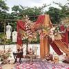 Cortina de Gaze para Casamento Tecido Decorativo Tiras de Chiffon com Pérolas Cortina Vermelha de Casamento Palco de Cerimônia Conjunto