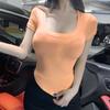 Coreia do Sul Dongdaemun Sexy Pure Desire Figura Decote em U Gola alta Revelador de peito Grande Slim-fit Slimming Camiseta de manga curta Top para mulheres