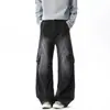 Calças jeans pretas de estilo americano para uso diário masculino, calças largas de corte reto soltas, calças de trabalho com corte tridimensional e patchwork para homens