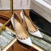 Sapatos de Rebite Sapatos Femininos de Bico Fino Boca Rasa Camada Única Sapatos Femininos Salto Grosso Salto Agulha 2025 Novo Preto Salto Médio Salto Alto Liu Ding