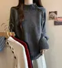 Suéter de malha irregular com gola semimédia coreano para mulheres, outono e inverno, solto, modelador, estiloso, moderno, top de malha modelador