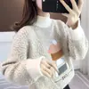 Novo suéter curto de veludo cotelê feminino para outono e inverno, peça externa de caimento solto, estilo casual, top de gola semi-alta, espessado e moderno