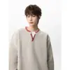 Suéter de punto de cuello en V con bloques de color, de punto falso de dos piezas, cosido a mano para hombre, marca de tendencia de invierno nueva, holgado y grueso, adecuado como capa interior