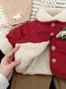 Jaqueta de Algodão Vermelha de Ano Novo para Bebê, Novo Estilo de Inverno, Casaco de Algodão Quente Elegante com Gola de Lã de Cordeiro, Roupa Festiva de Ano Novo