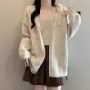 Cardigan de Tricô Novo Estilo Outono e Inverno Estilo Preguiçoso, Suéter Elegante de Cor Sólida, Suspensórios de Renda Femininos, Conjunto de Duas Peças de Roupa Externa Solta