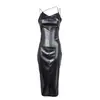 Estilo Europeo y Americano Ebay 2024 Estilo Caliente Sexy Tirantes Cintura Adelgazante Aspecto Cadera Abertura Vestido de PU Ropa de Club Nocturno para Mujer