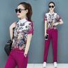 Traje casual deportivo de verano para mujer, moda algodón estampado manga corta pantalones reductores de edad suéter fino de dos piezas