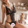 Mono divertido negro sexy con tirantes y lazo de encaje caliente, archivo abierto uniforme en ambos lados del pecho expuesto de gasa provocativa