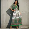 Vestido de praia de manga curta de algodão e seda com decote em V estilo étnico transfronteiriço, vestido de viagem para Tailândia, vestido floral de férias estampado de verão