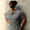 Mangas raglán, puños pequeños, camisa Henley de canalé, camisa de manga corta para hombre, peso pesado, corte ajustado, camisa casual deportiva para fitness