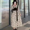 Vestido largo de manga larga con cuello en V, patchwork floral francés a bloques de color, talla grande para mujer, primavera y otoño, transfronterizo, falso dos piezas, corte A