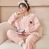 Pijama Feminino Outono e Inverno Fleece de Coral com Forro de Fleece Espessado Manga Longa Desenho Animado Fofo Roupas de Casa Terno de Flanela Roupa Externa