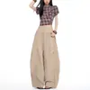 Cordón elegante, dobladillo con volantes, pantalones de pierna ancha, pantalones largos de corte holgado, pantalones casuales para mujer, colección de otoño, cintura alta, gris, corte relajado