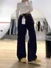 Jeans Sueltos Rectos de Doble Botón Azul Oscuro para Mujer en Otoño e Invierno Estilo Retro Americano de Cintura Alta Pantalones de Pierna Ancha Estrecha