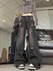 Pantalones de trabajo de mezclilla deshilachados para mujer, nuevo estilo primavera/otoño, retro de alta calle americana, cintura alta, pierna recta, casual, pierna ancha, hasta el suelo