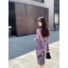 Conjunto de dos piezas de principios de primavera, nuevo, estilo chino, exquisito, degradado de tinta púrpura, vestido de tirantes ajustado
