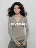 Con Camiseta de Punto de Manga Larga con Cuello Henley Otoñal HAVEGAN para Mujer, Ropa Exterior Adelgazante con Lana, Top Casual
