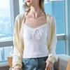 Cardigan de Tricô de Seda Gelo Francês para Mulheres 2025 Novo Vestido de Alças com Xale Manga Morcego Camisa de Proteção Solar Blusa Solta